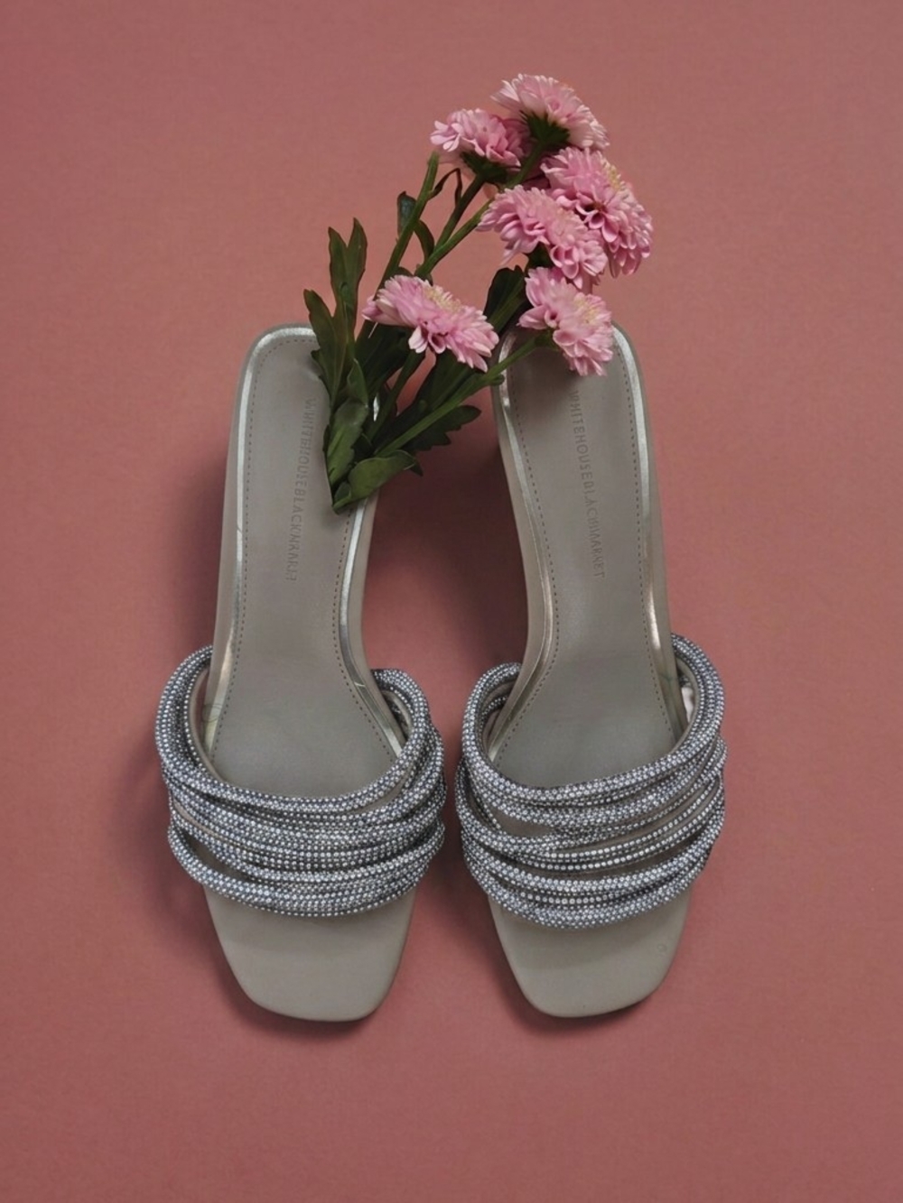 White House Black Market Silver Beaded Slide Mules